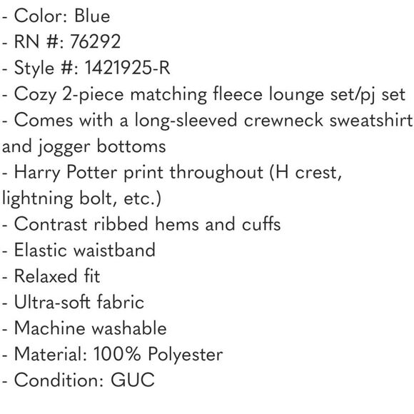 HARRY POTTER • Blue 2-Piece Fleece Jogger Pajama Lounge Set XxL - Picture 8 of 8